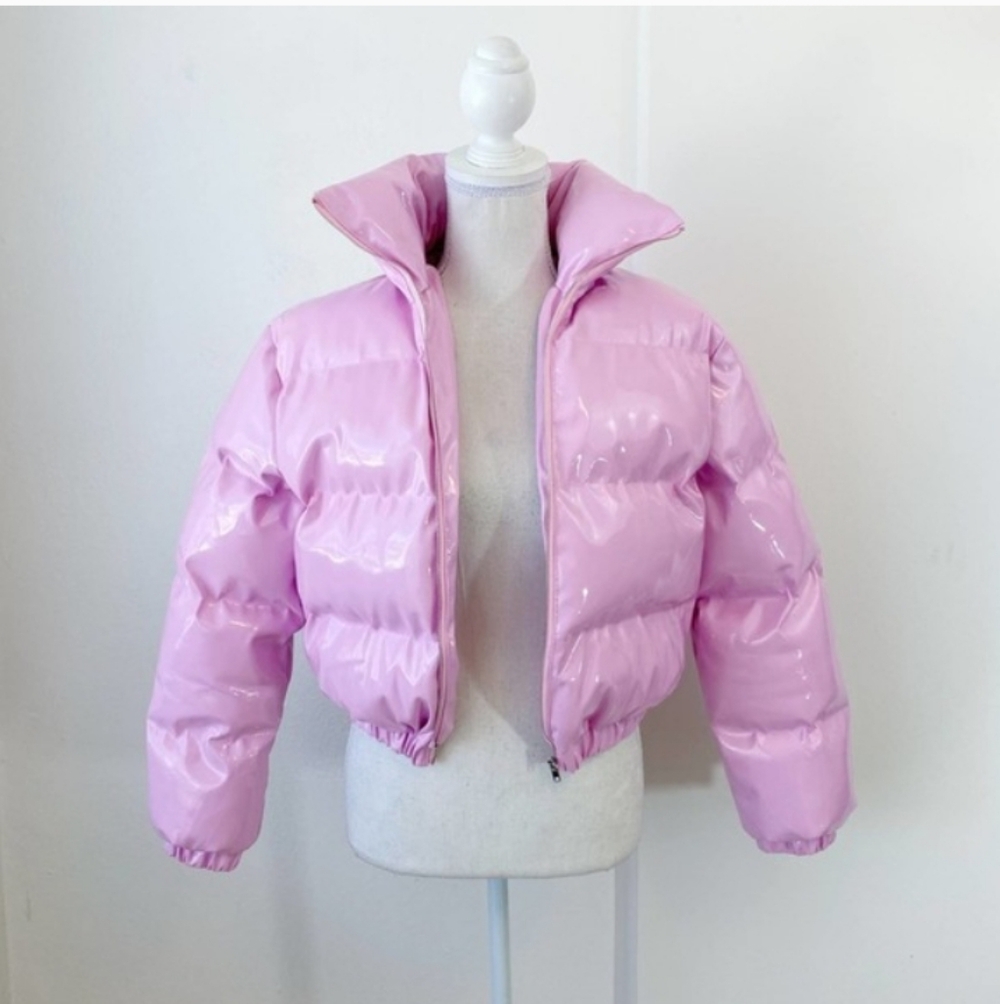 PrettyLittleThing Pink Pleather Cropped Puffer 4 Nwt